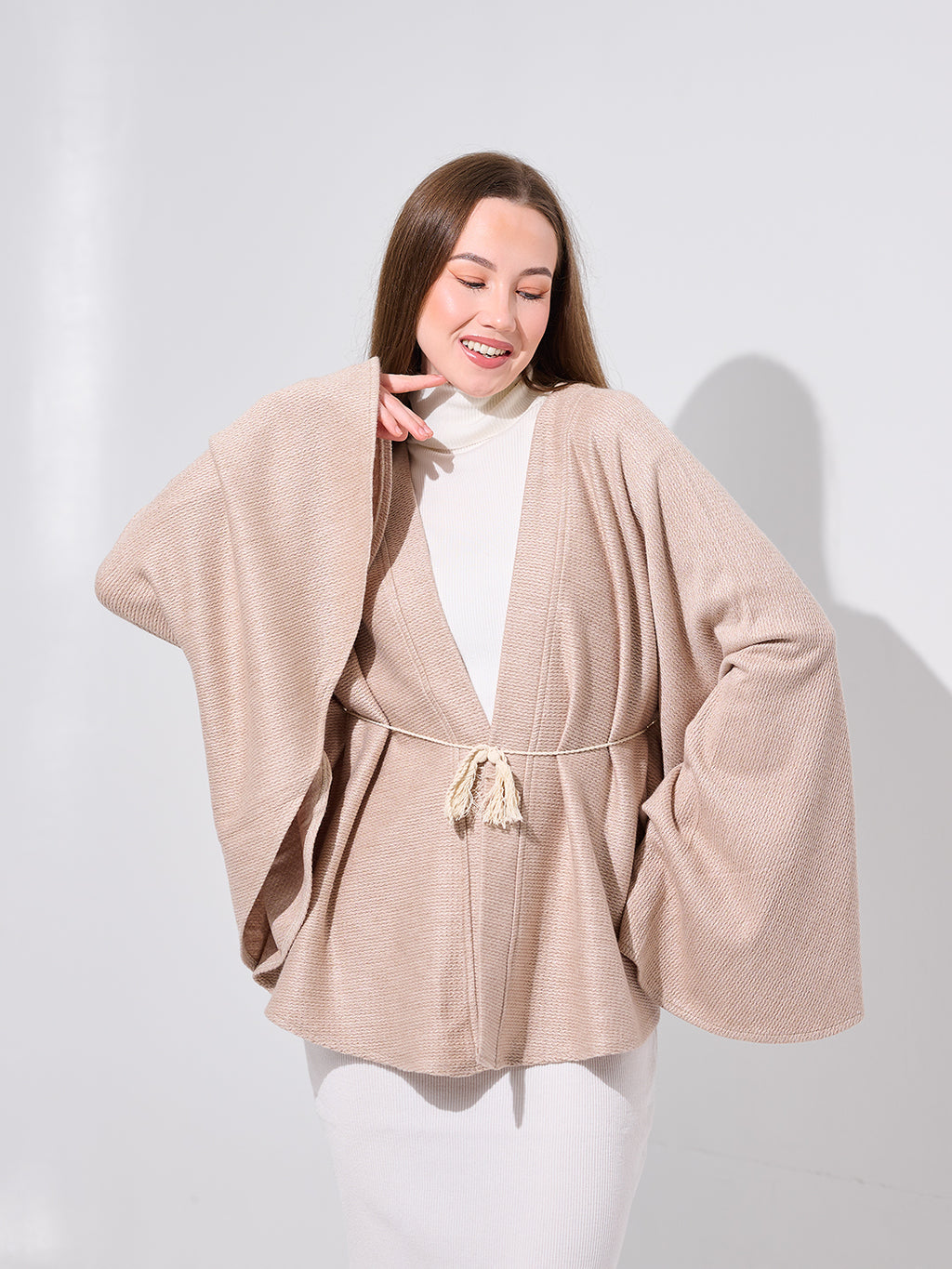 Beige Belted Kimono Cape