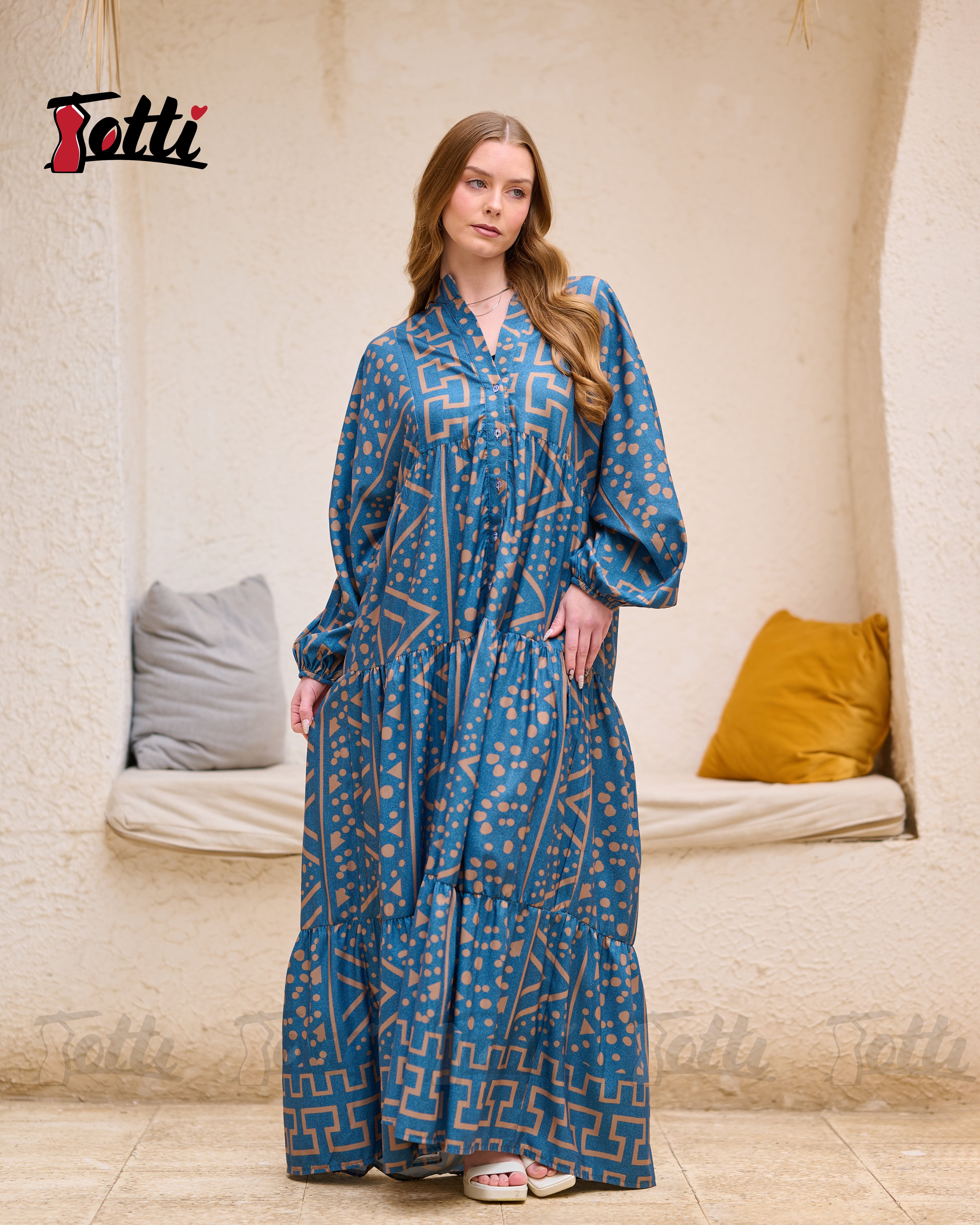 Teal Geo-Print Tiered Dress