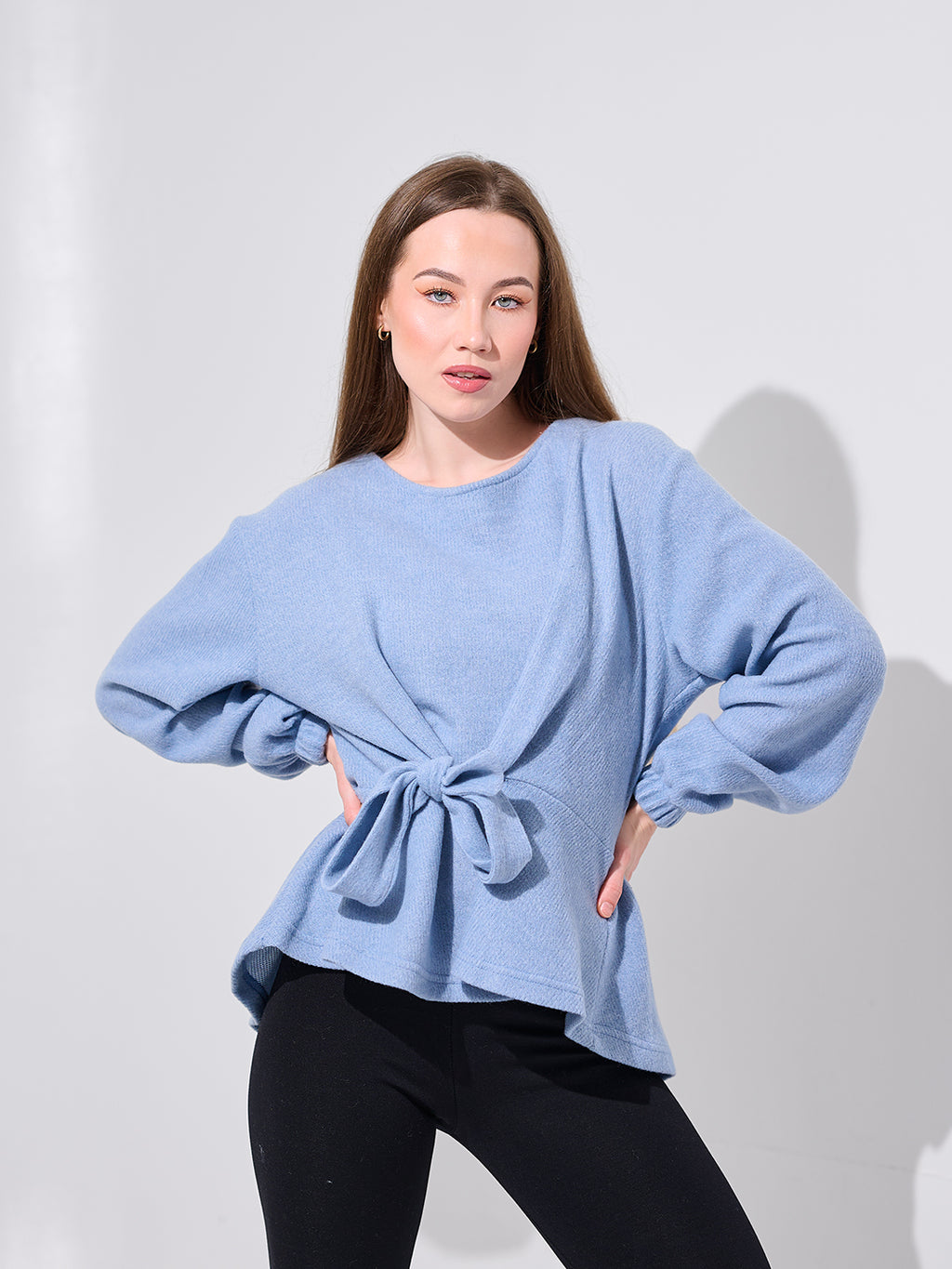 Blue Belted Wrap Blouse
