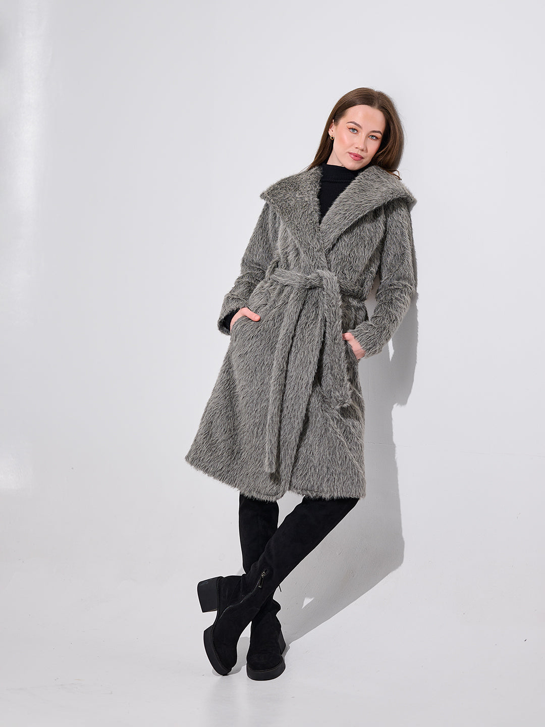 Grey Belted Faux Fur Coat