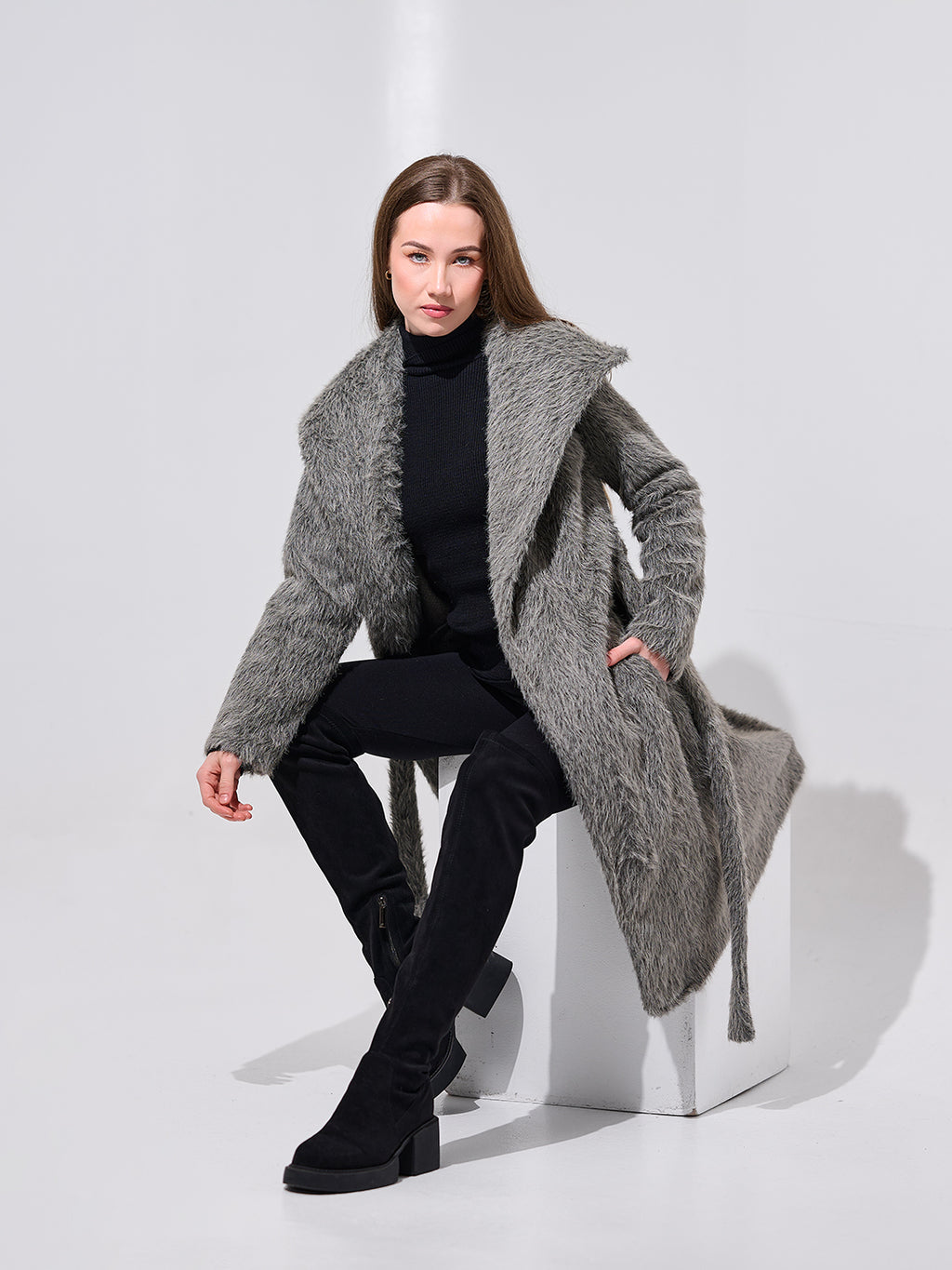 Grey Belted Faux Fur Coat