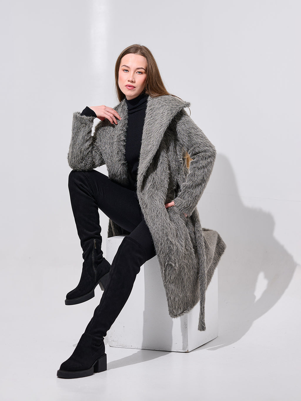 Grey Belted Faux Fur Coat