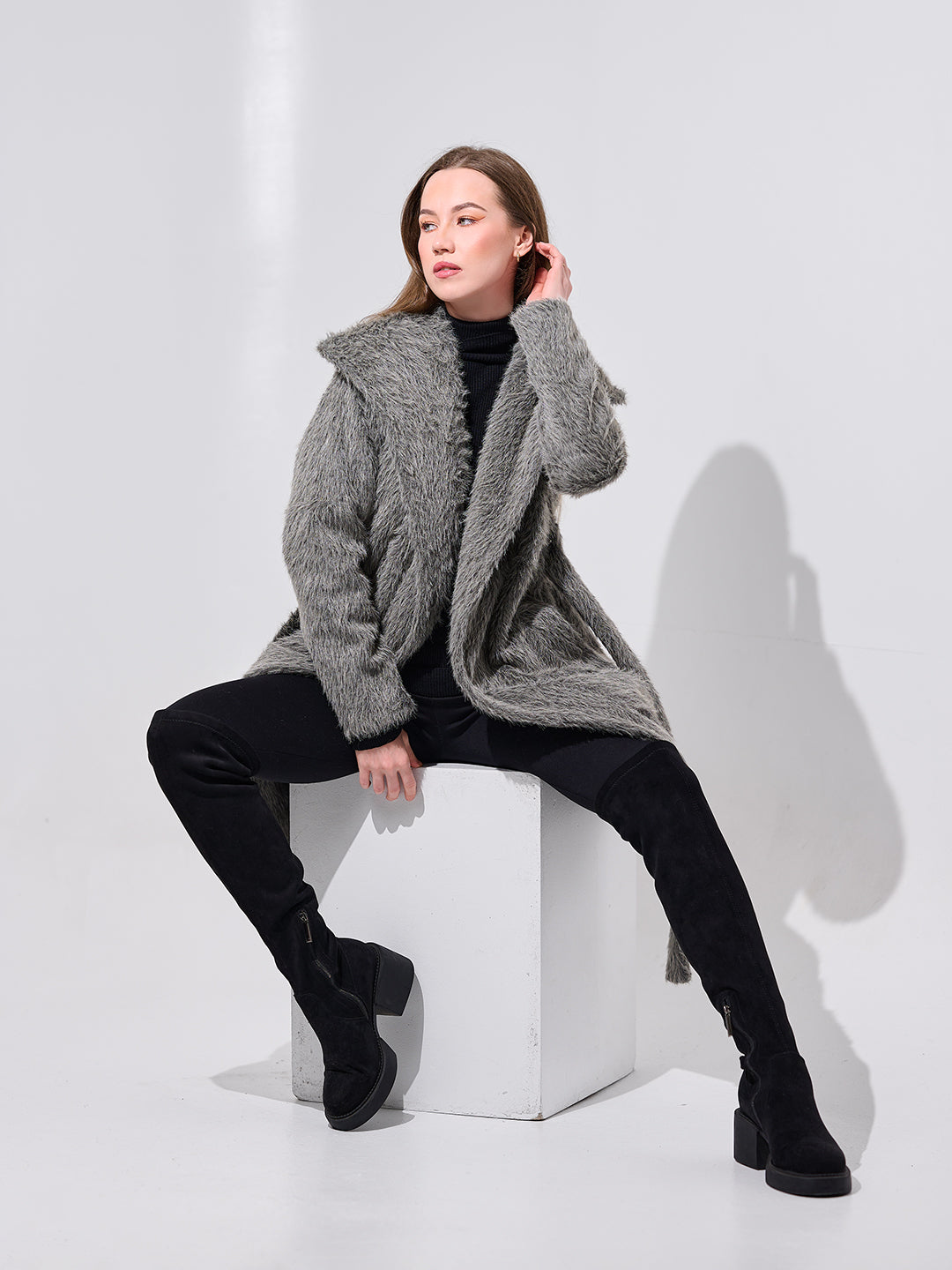 Grey Belted Faux Fur Coat