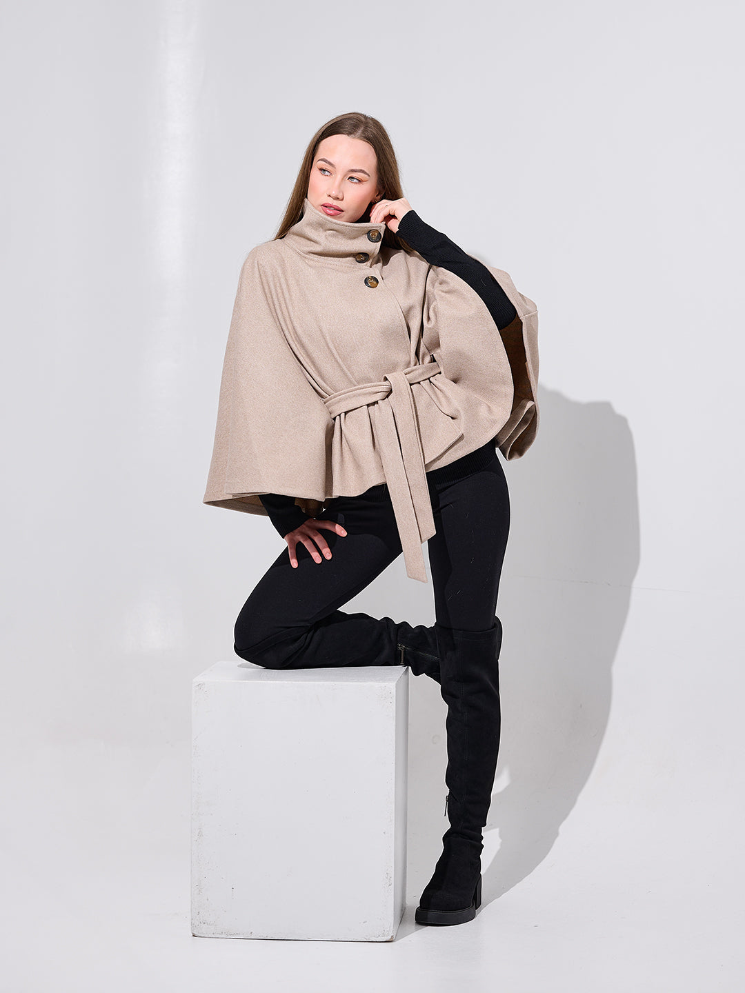 Beige Belted Cape Coat