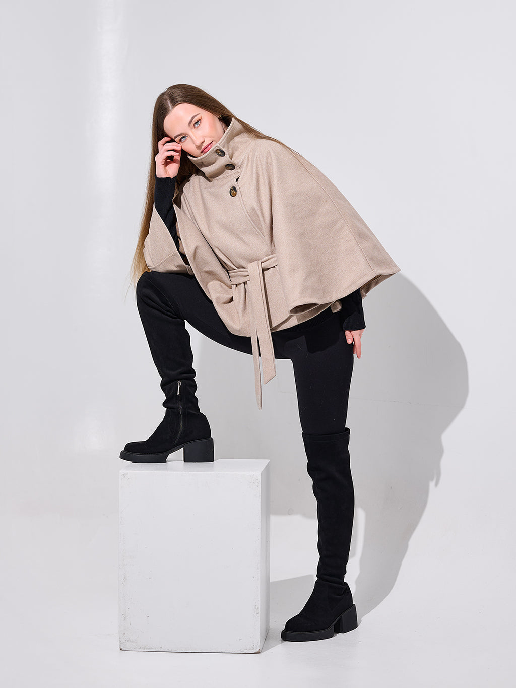 Beige Belted Cape Coat