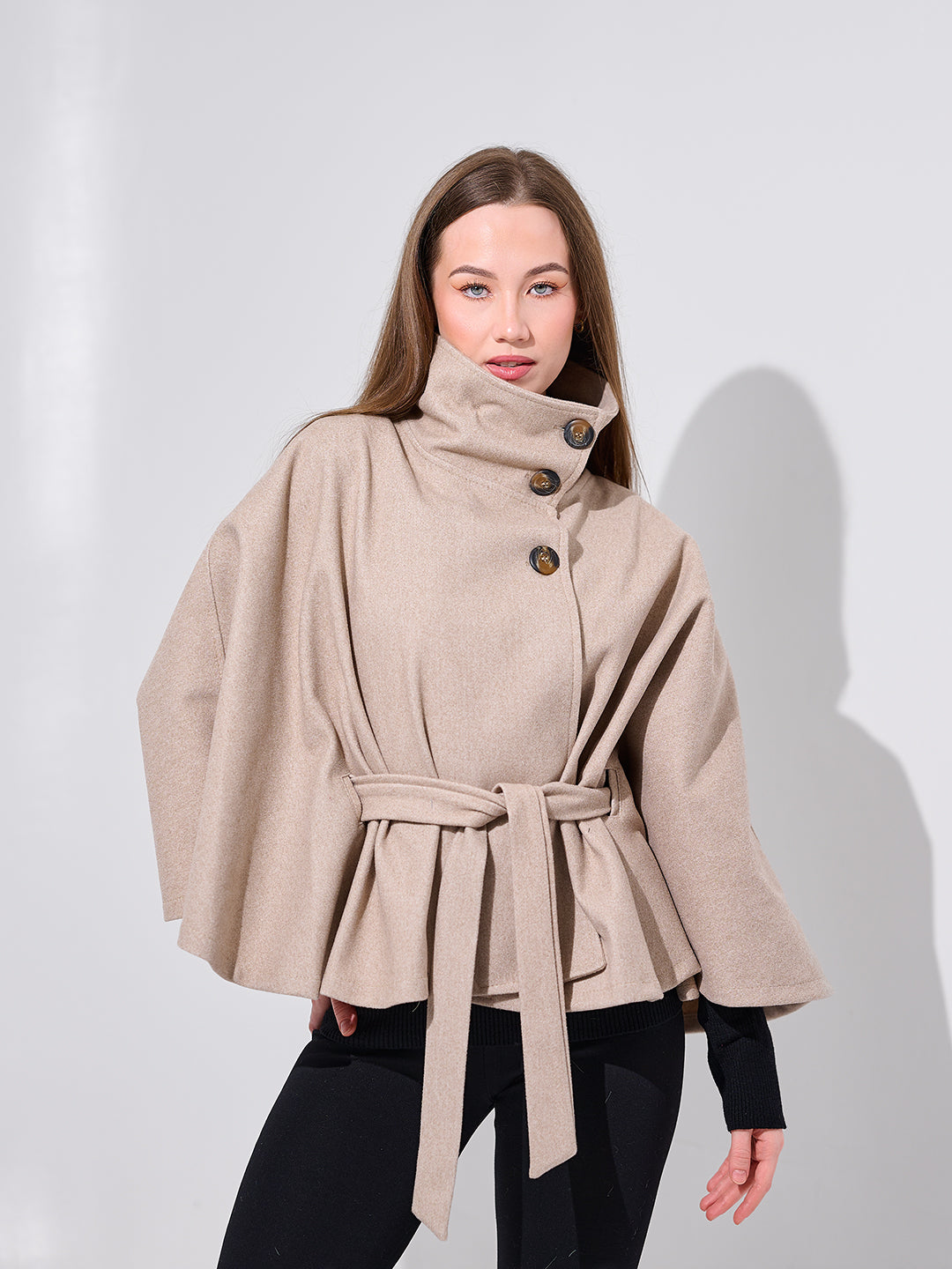 Beige Belted Cape Coat