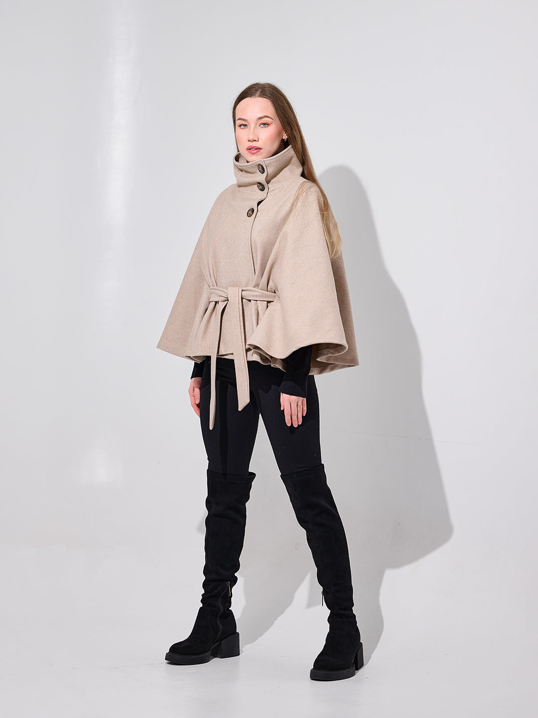 Beige Belted Cape Coat