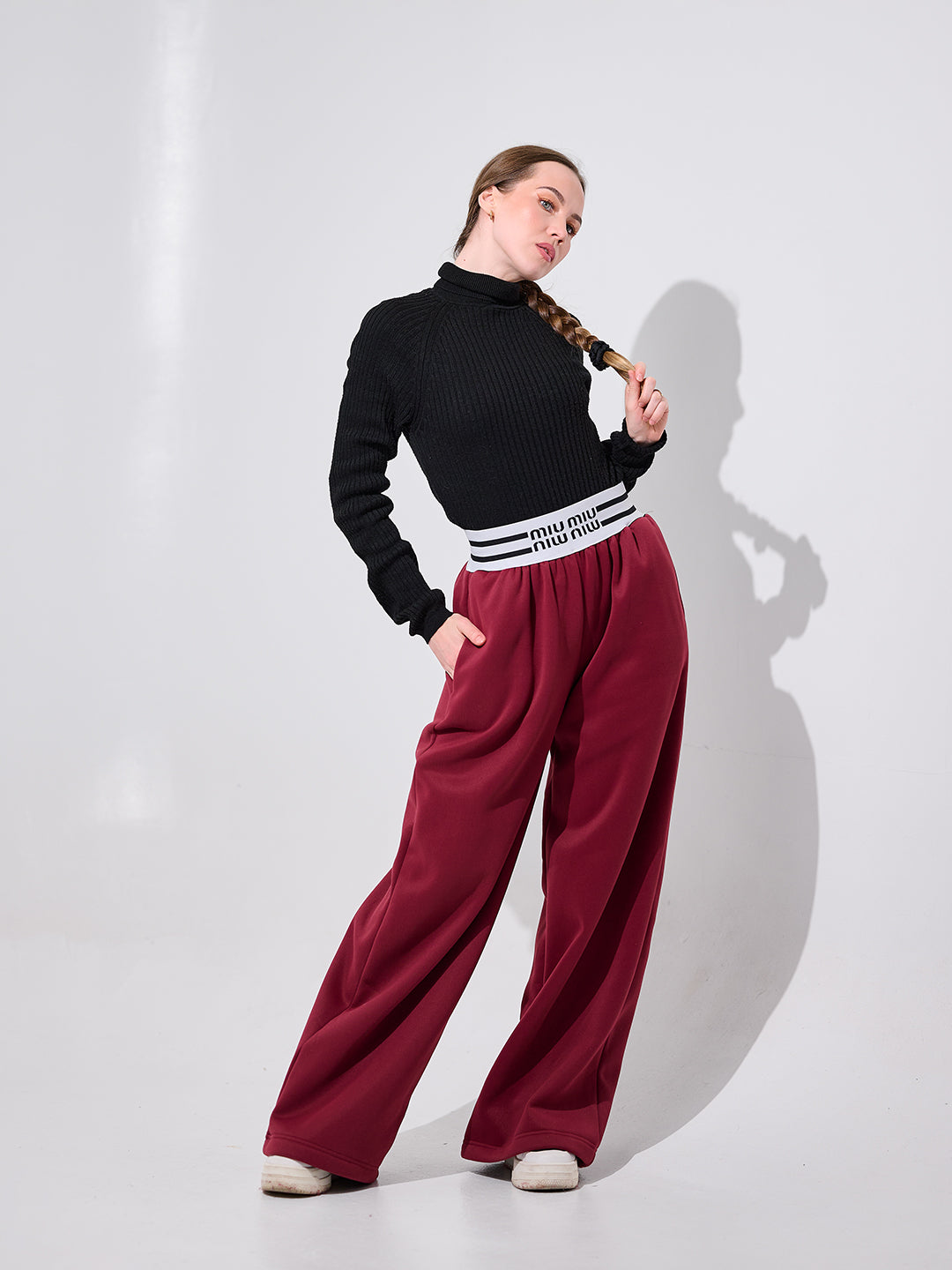 Burgundy Wide-Leg Trousers