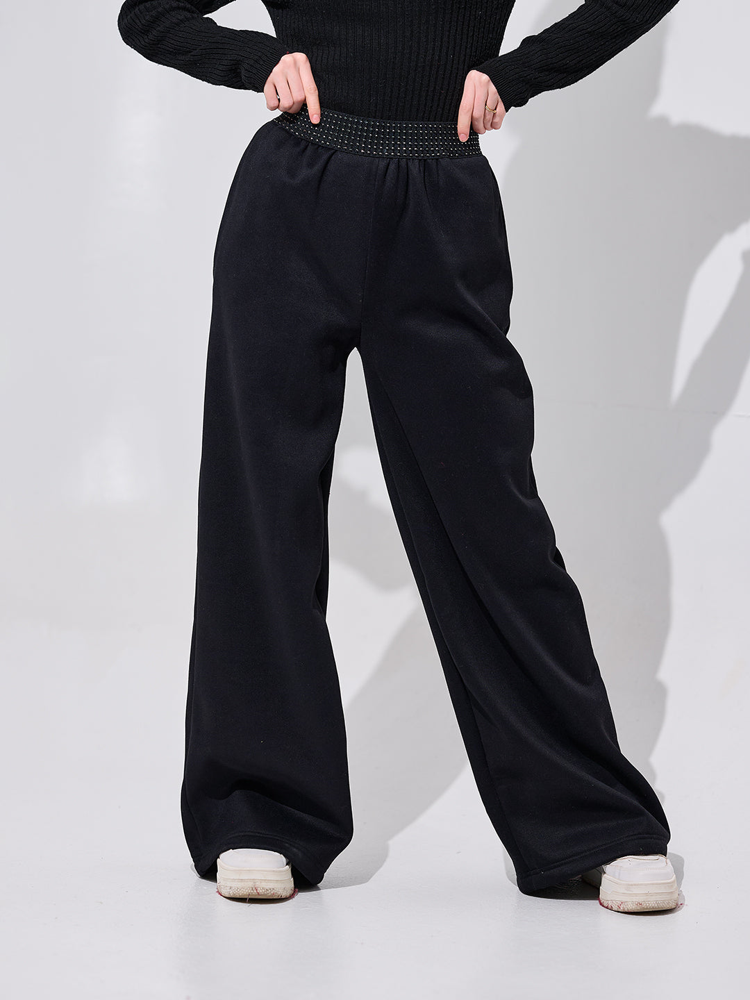 Black Crystal Waist Wide-Leg Pants