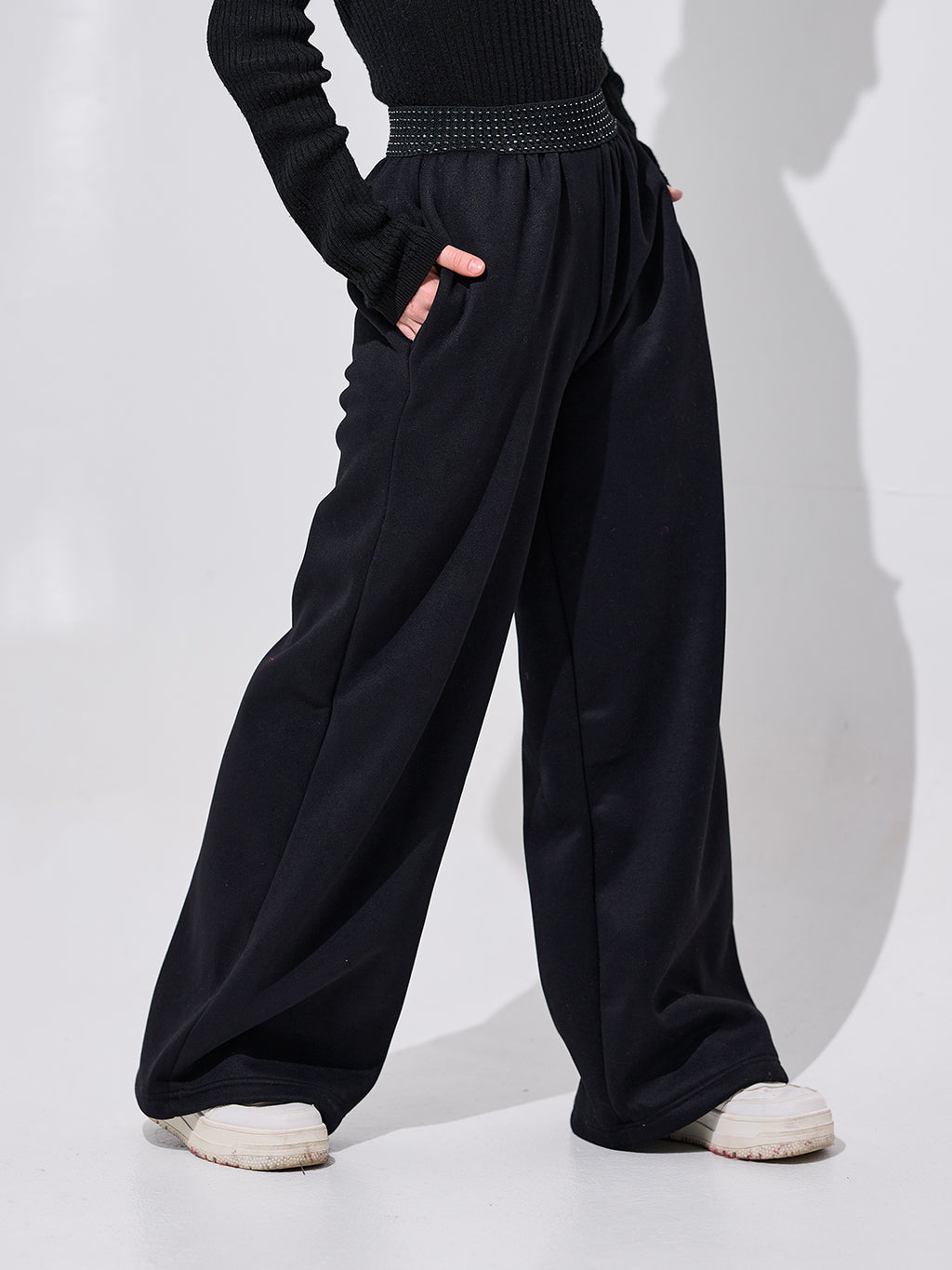 Black Crystal Waist Wide-Leg Pants