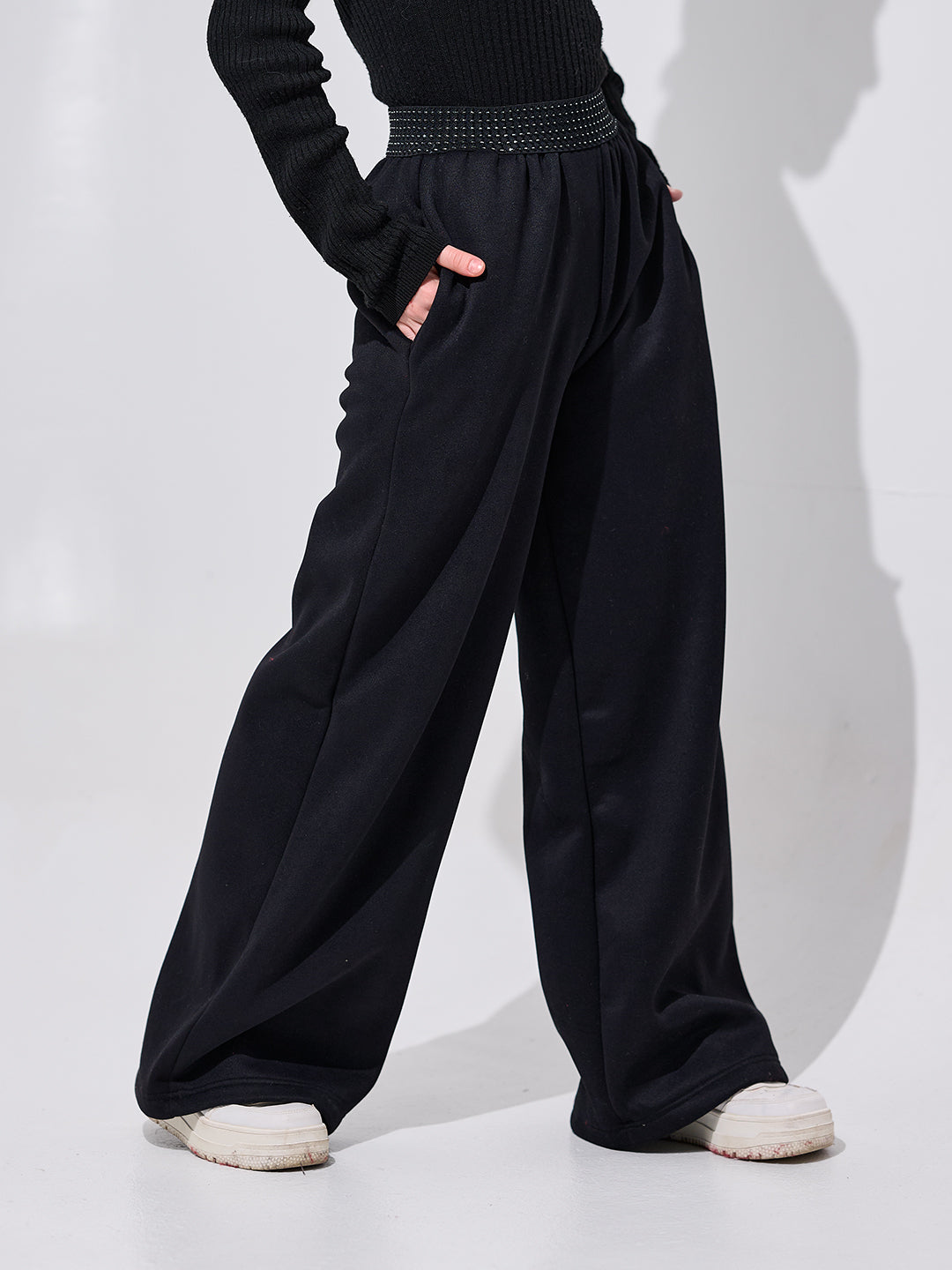 Black Crystal Waist Wide-Leg Pants