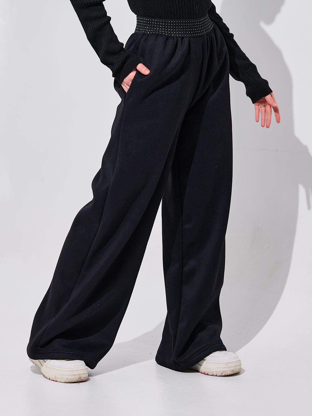 Black Crystal Waist Wide-Leg Pants