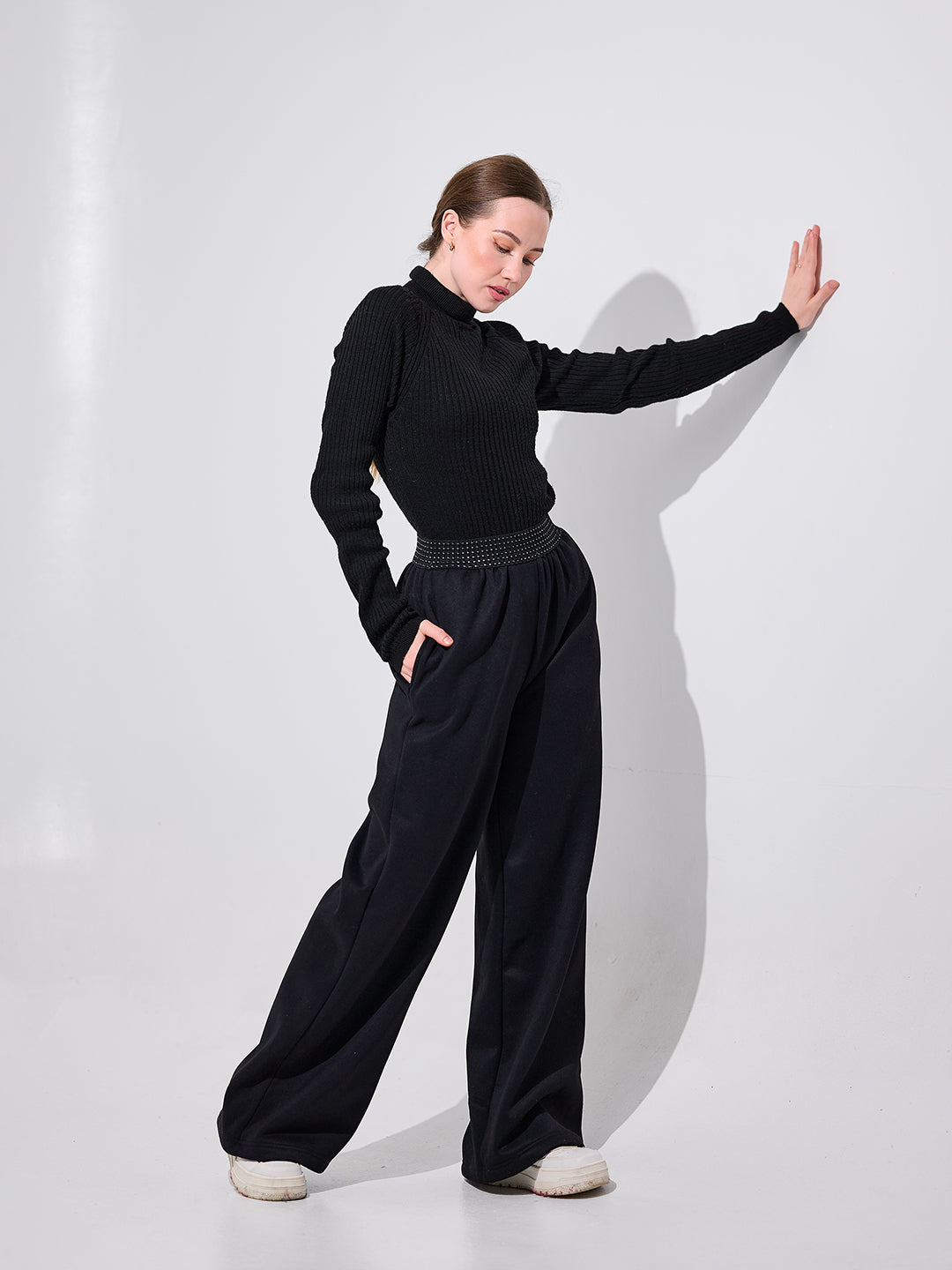 Black Crystal Waist Wide-Leg Pants