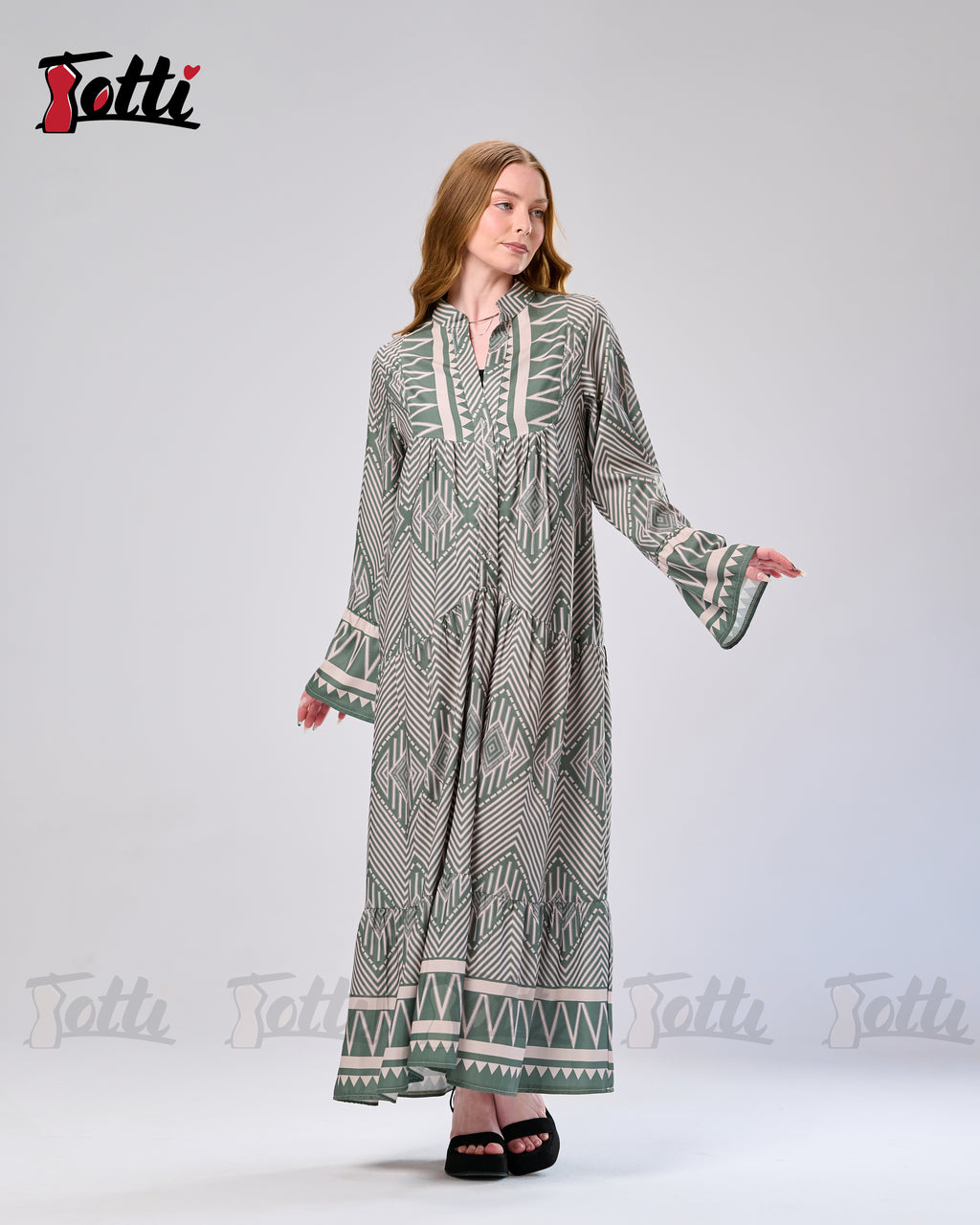 Sage Chevron Tiered Maxi Dress